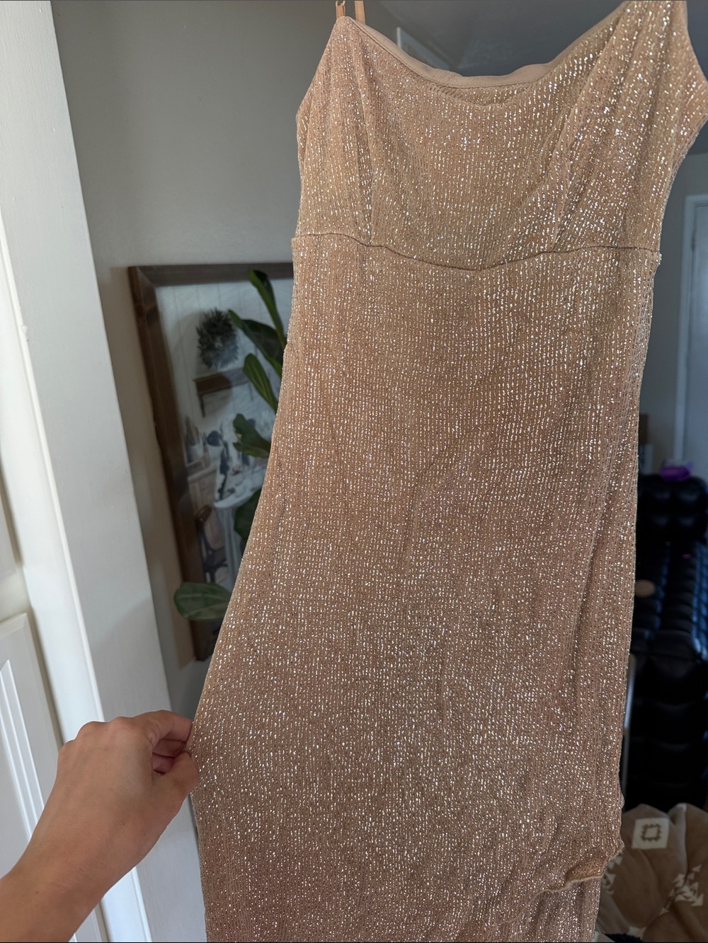 City Triangles Champagne Sequin High-Low Slip Dress
